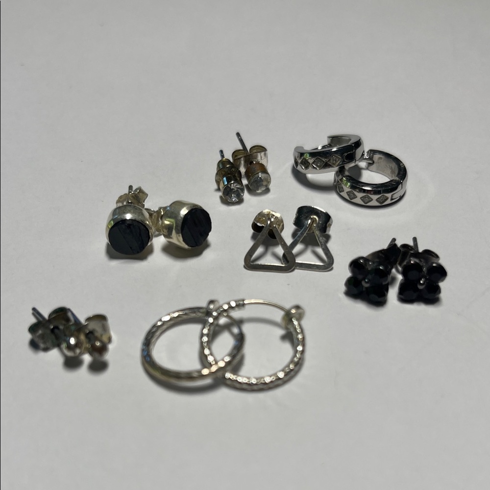 Silver Tone Rhinestone and Black Stud Earring Set